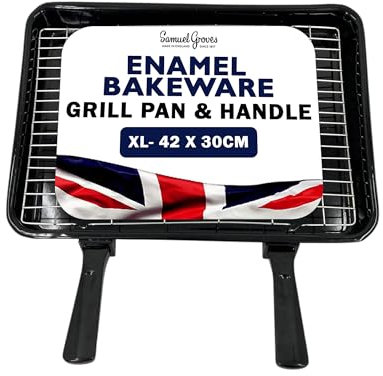 Vitreous Enamel Universal Grill Pan & Handle, Grill Pan for Oven, Oven Tray, Oven Pan Tray with Rack, Pan Handle UK Made for Caravan, Campervans, Ovens & Grills (XL 42 x 30 cm)