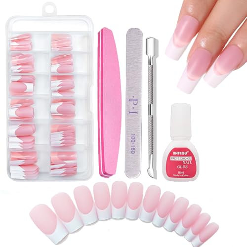 120Pcs False Nails Set, Square French False Nails Long, 12 Sizes Matte Press on Nails French Tip with Glue, Acrylic Full Cover Stick on Nail Decorations for Women and Girls