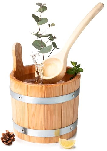 Liebenstein® Sauna Eimer mit Kelle [5L] – handgefertigt aus naturbelassener Lärche – Made in Österreich - hochwertiges Sauna Zubehör Set – bestehend aus Saunaeimer & Saunakelle – Dein Sauna Set