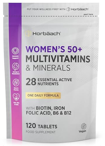 Multivitamines Femme 50 Ans | 27 multivitamines, minéraux et plantes essentiels | avec vitamine C pour la formation normale de collagène, biotine, B6 et B12 | 120 comprimés végétariens | by Horbaach