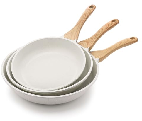 SENSARTE Poêle à frire antiadhésive, revêtement en céramique blanche, poêle de chef saine, sans PTFE et PFAS (24,1 cm + 28 + 31 cm)
