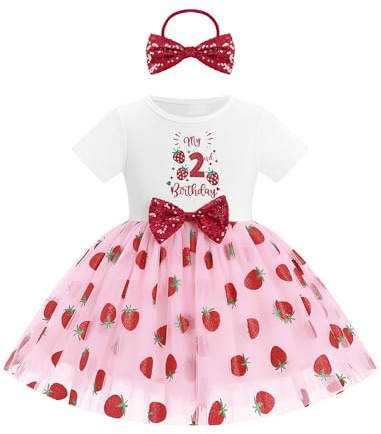 FYMNSI Robe de princesse en tulle avec bandeau - Motif fraise - Pour bébé fille - 1er / 2e / 3e anniversaire, Rose 2e anniversaire, 2 ans