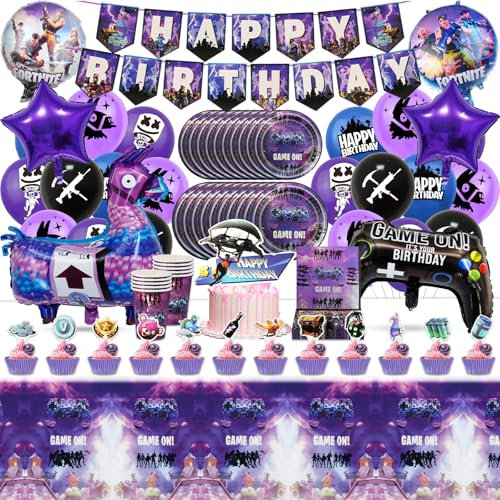 91 Stück Fortnit Geburtstagsdeko,Video Gamer Birthday Partygeschirr Set , Geburtstag Deko Geschirr Kit Pappteller, Banner, Servietten, Pappbecher, Tischdecken, Luftballons,Toppers