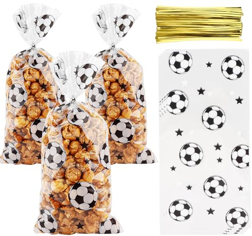 Zellophanbeutel für Leckereien, 50 Stück, schwarz-weiß, Fußball-Zellophanbeutel, Süßigkeiten, Kekse, Geschenktüten 12,7 x 27,4 cm, mit Drehverschlüssen für Snacks, Bäckerei, Geburtstag, Hochzeit