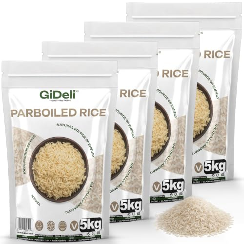 GiDeli Parboiled Reis, Langkornreis, Wiederverschließbarer Beutel, 4x5kg | Vegan, ohne Zusätze, locker und körnig, für Beilagen, Currys, Salate, Suppen, in Europa verpackt