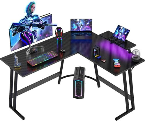 Devoko LED Gaming Tisch L Form mit Monitorständer, Eckschreibtisch für Gamer, Gaming Schreibtisch L Form, Groß Pc Computertisch, Kohlefaser Schwarz, 150x130cm