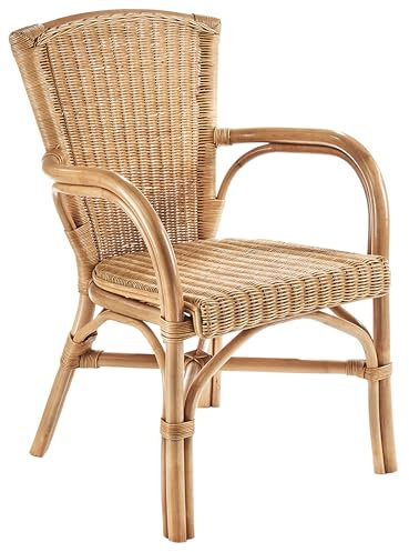 Kobolo Rattansessel York Natur, 54x56x86 cm, brauner Korbstuhl mit Armlehnen aus Naturmaterial, Rattanstuhl robust & stilvoll, ideal für Küche, Esszimmer oder Wintergarten