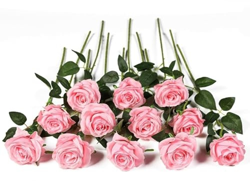 Kisflower 12Pcs Rosen Künstliche Blumen Realistische Einzelstielblumen Seidenrosenstrauß für Hochzeitsfeier Büro Home Decor (Rosa)