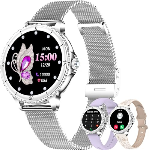 Betatree Reloj Inteligente para Mujer con Llamadas Bluetooth, 1,3 Smartwatch Redondo, 3 Correas, Pulsera Actividad, Presión Arterial, Ritmo Cardíaco, Oxígeno Sanguíneo, Sueño para Android iOS, Plata
