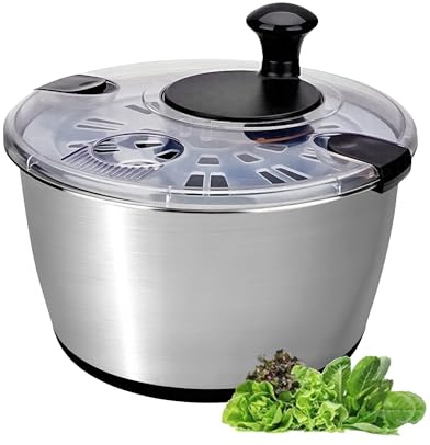 SveBake Essoreuse à salade en acier inoxydable 18/10 avec manivelle, bol 6 L avec couvercle, antidérapante et compatible lave-vaisselle – Essoreuse pour salade, légumes et fruits