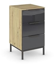 Rauch Möbel Flipp, Nachttisch, Glas Basalt/Eiche Artisan, Maße 40x72x42 cm | Nachtkommode, 3 Schubladen, Soft-Close-Funktion, Griffe und Metallkufe Graphit, für Schlafzimmer, Jugendzimmer, Gästezimmer