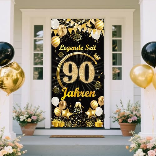 Deko 90 Geburtstag Mann Frau Banner - Schwarz Gold Legende Seit 90 Jahren Türbanner 165 x 80 cm, Stoff Hintergrund Tür Dekoration für 90. Geburtstagsfeier