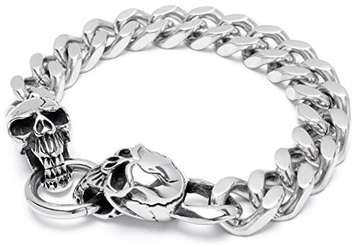 Schmuck-Checker Totenkopf Panzerarmband mit Ringverschluss 316L Edelstahl silber Skull Bikerarmband Männer Armband Totenköpfe Ring hochwertiges Geschenk