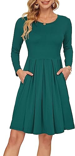 AUSELILY Women's Long Sleeve Pleated Loose Swing Casual Dress with Pockets Knee Length Dark Green M