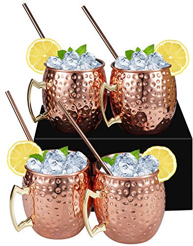 SMRONAR Moscow Mule Copper Mugs - Set of 4 Handmade Copper Plated Stainless Steel Mug - 16 Oz Solid Copper Mugs with 4 Cocktail Copper Straws