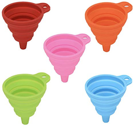 JZK 5X Entonnoir Pliable, Ensemble épaississant en Silicone Entonnoir en Gel, trémie Pliable en Silicone, Petit Entonnoir Pliant pour Cuisine, Liquide, Huile, Poudre (Rouge, Vert, Orange, Bleu, Rose)