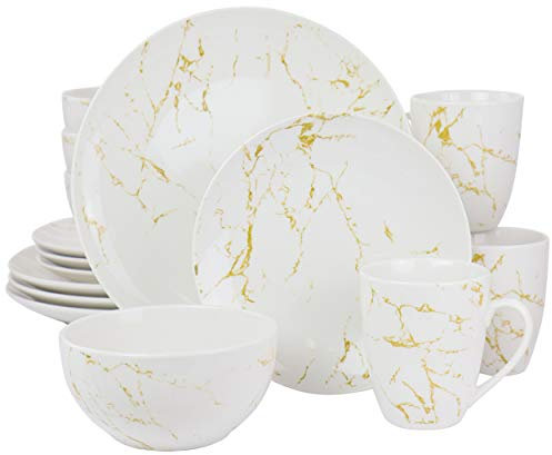 Elama Service de table contemporain en marbre fin, rond, brillant, en grès, blanc et doré