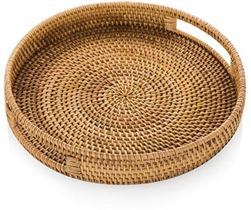 Sziqiqi Bandeja de Servicio de Ratán con Asas 30cm bandejas de Mimbre Tejidas a Mano Bandeja de Ratán Bandeja Decorativa Rústica para Desayuno, Bebidas, Refrigerios, Pan para Mesa de Café Bar