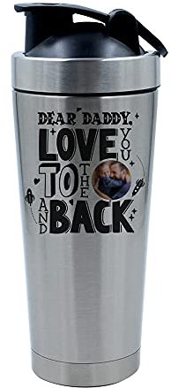 Getagift Personalised Dear Daddy, Love You to The Moon and Back, Dad, Godfather-ANY NAME/IMAGE, Father’s Day, Birthday Present 500ml Aluminium Shaker Bottle. (Silver)