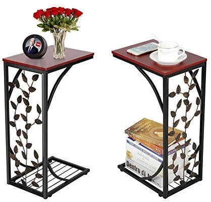 Yaheetech 2pcs C Shaped Small Side Table, Metal Coffee Tea Table, Narrow End Table, Snack Side Table with Storage Shelf for Living Room/Office Room/Bedroom, Leaf Pattern, 21x30.6x53cm(WxDxH)