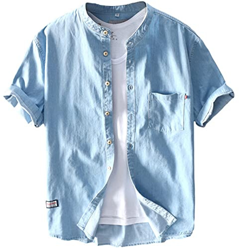 GIBZ Camicia di Jeans da Uomo in 100% Cotone a Maniche Corte | Camicie Button Down Estive Casual Abbottonata