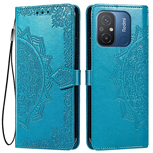 HONLEN Hülle für Redmi 12C / Redmi 11A Handyhülle, (6.71 Inches) Premium PU Leder Wallet Magnetverschluss Flip Case mit 3 Kartenfach,Mandala Muster Case Blau