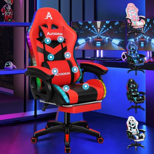 ALFORDSON Chaise Gaming Fauteuil Gamer, Chaise de Bureau Ergonomique avec LED et Massant, Repose Pied, Réglable Appui-tête Support Lombaire, Dossier Haut, Dossier Inclinable à 150°, Rouge & Noir