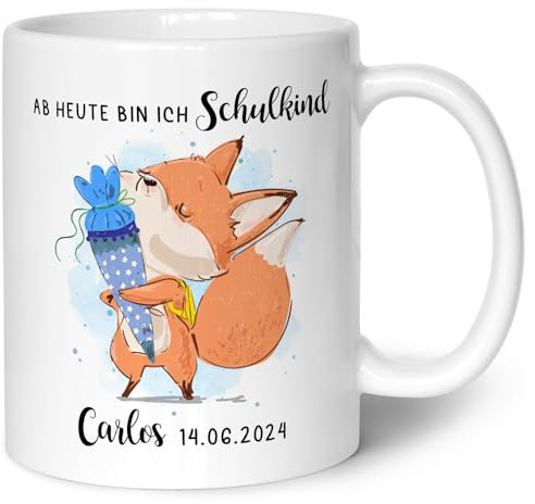 Bedruckte Tasse für Kinder - mit eigenem Namen und Datum - Ab heute Schulkind - Geschenk zur Einschulung - Für Jungen und Mädchen - Ideal für die Schultüte und zum Schulanfang - Weiß
