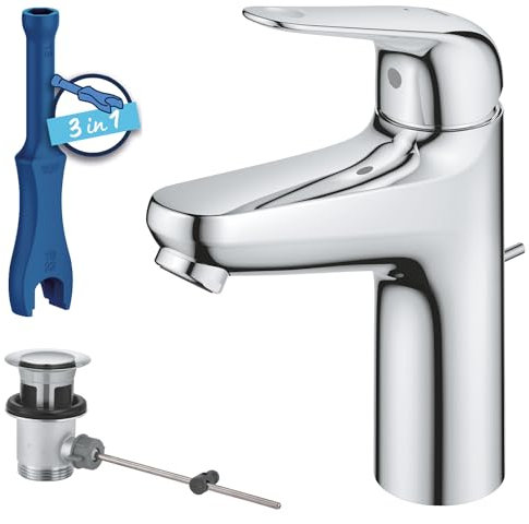 GROHE Swift Mitigeur Monocommande Lavabo, Economie d'Eau, Ouverture Eau Froide, Taille M, Tirette et Vidage, Installation Facile, Chromé, 24328001