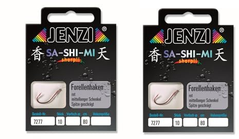 2 Packungen Set JENZI gebundene Forellenhaken (20 Stück) Mono, 80cm Hakengröße 4, 6, 8, 10 & 12 je nach Auswahl + gratis Petri Heill! Aufkleber