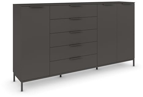 Rauch Möbel Flipp, Kombikommode, Kommode mit Stauraum für Wohnzimmer, Schlafzimmer, Flur, 4 Fachböden, mit Metallkufe Graphit, Graphit, Schwarz, 3-türig, 5 Schubladen, Griffe Graphit, 199x111x42cm