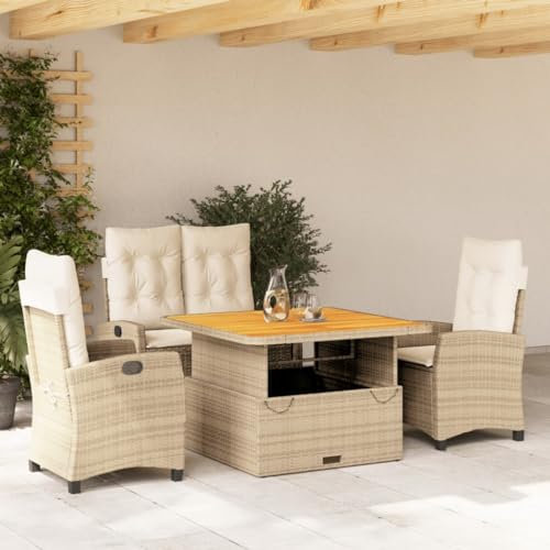 Festnight Polyrattan Sitzgruppe 4 Personen mit 2er Sofa, 2 Stühle Verstellbarer, Höhenverstellbarer Gartentisch & Sitzkissen Wetterfest Lounge Gartenmöbel Set Balkonmöbel Gartenmöbel Set Beige#2