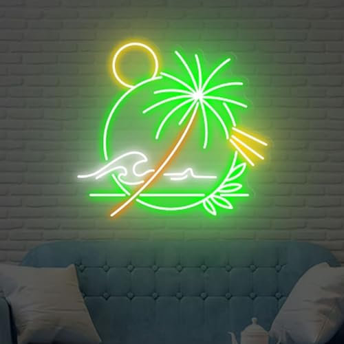 HFHungkeong Großes Neonschild Sonnenuntergangs Palme LED Acryl Sommerwellen Neonlicht mit Dimmbarem Schalter, Bar Neonlichtschild für Bar, Geschäft, Kaffee, Hotel, Club, Party, Geschenke für Freunde