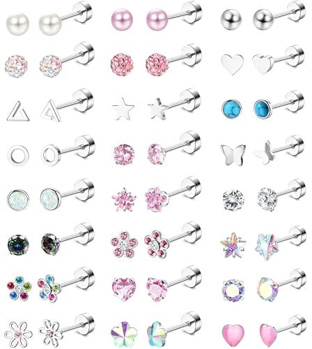 JeweBella 24 Pairs Flat Back Stud Earrings for Women Girls - Surgical Steel, Hypoallergenic Silver, Flower Heart Butterfly Pearl Zirconia - Screw Back, Small Set