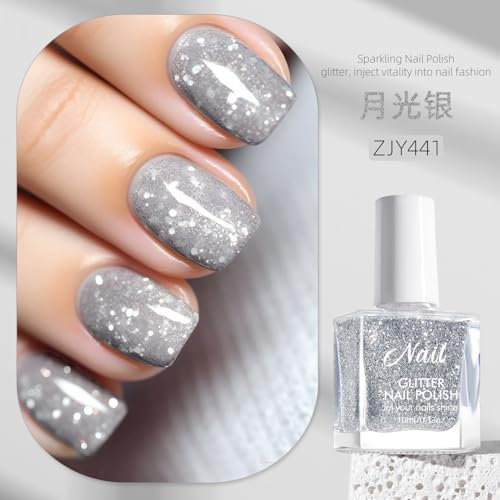 Silver Glitter Nail Varnish, Flash Nail Polish, Long-lasting Quick Dry Nail Varnish, Nail Polish Gel Low Odor Without UV Lamp Non-Toxic For Women Home DIY Nail Art Gift (Silver, 10ML)