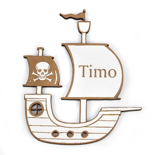 Dekolando Türschild Kinderzimmer personalisiert Pirat - selbstklebendes Schild mit Name und Motiv Piratenschiff - Türdeko Kinder Kinderzimmertürschild - 14,5 x 17 cm