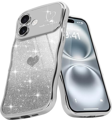 Teageo Cute Heart Pattern Curly Phone Case for iPhone 16, Wave Frame Glitter Case for Girls Women Aesthetic Bling Cover Shockproof Soft TPU Bumper for iPhone 16, Silver