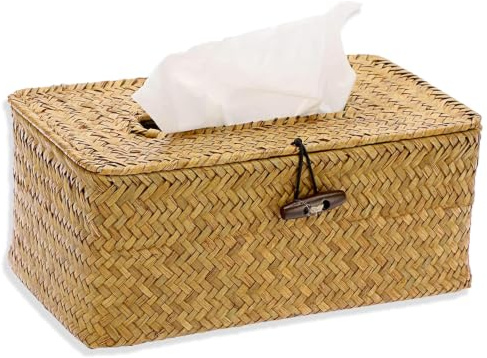 Caja de Pañuelos de Paja, Caja de Pañuelos Rectangular Tejida en Seagrass, Servilletero, Organizador de Pañuelos, Accesorio de Decoración para el Hogar y (Color Caramelo)