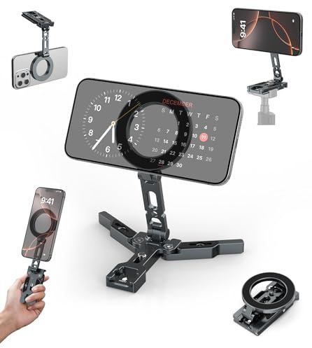 Gahenwo Magnetischer stativ, Aluminium-Taschen-Telefonständer Stativhalterung Selfie Stick Stativ für Magsafe mit kaltem Schuh & 1/4-Löchern, Faltbarer Handheld-Telefonständer für Smartphone