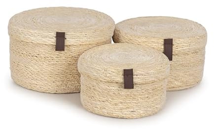 Olly & Rose Set 3 Natural Seagrass Storage Baskets with Lids - Bleached Off-White - Durable 25,22,19cm Premium Home Decor