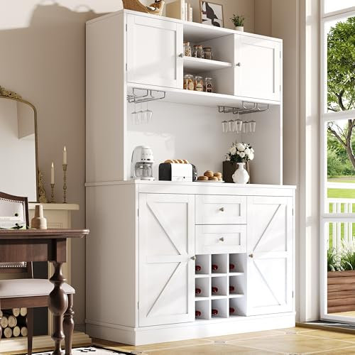 Armario de cocina con estantes ajustables y botellero, armario alto de cocina buffet con 4 puertas y 2 cajones, aparador para cocina y salón, armario buffet, color blanco