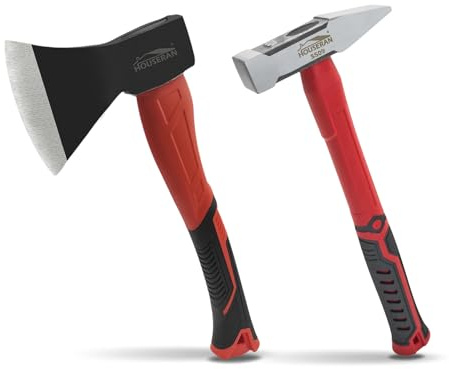 HOUSERAN 2-teiliges Outdoor Axt und Schlosserhammer Set, 35cm Camping Beil mit Geschmiedeter Stahlklinge & 400g Kreuzfinn Hammer, Stossdämpfender Griff, für Holzspalten, Bushcraft, DIY