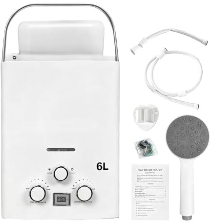 Scaldabagno A Gas Istantaneo Da 6 Litri, 12 Kw Portatile Per Camper E Roulotte Con Maniglia E Soffione Doccia Per Esterni Giardino Campeggio Caravan 40x30x13 Cm