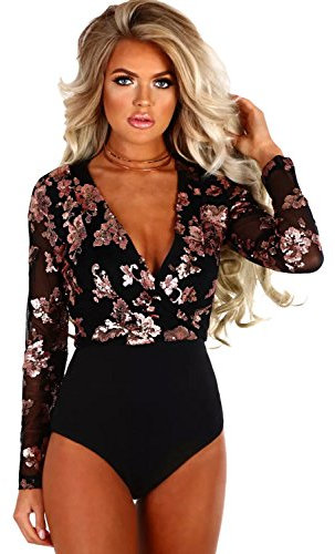 NBBNYJ Body Donna Elegante Intimo V-Collo Paillettes Manica Lunga Bodysuit Maglia Blusa Camicie Leotard Jumpsuits Top Tuta (Rosa Oro, L)