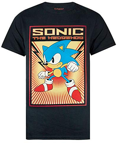Sonic The hérisson T-Shirt Mens Propaganda Rétro Affiche Noir Top Noir