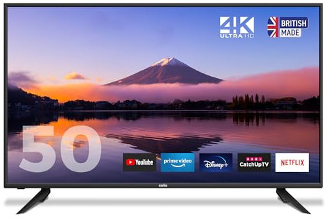Cello C50RTS 50 inch Smart TV 4K Ultra HD LED Made in UK, FREEVIEW DVB-T2 HD: Prime Video, Netflix, YouTube, Disney+ & Catch Up TV Apps, 3x HDMI 50 inch Smart WiFi TV in Black