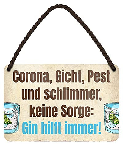 Gin hilft immer - witziges Metallschild mit Kordel und Saugnapf - lustiges Schild für Gin Trinker - Deko für Küche Kneipe Pub Bar Kellerbar Partyraum Hausbar - Geschenk Gin Liebhaber - 18x12cm