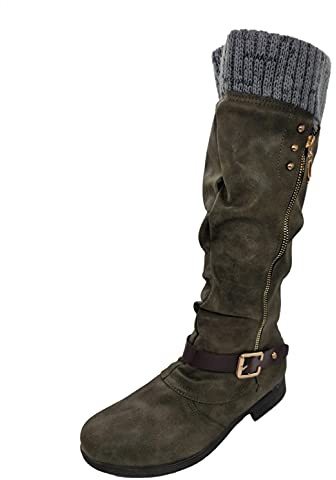 PAIDAXING - Stivali da donna in pelle scamosciata, con tacco basso, con cerniera, caldi stivali invernali, Verde, 39.5 EU
