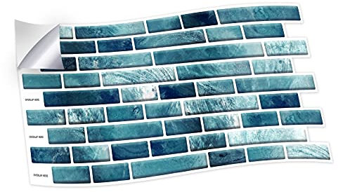WALPLUS 12pcs(28.5x14cm/11.2x5.5in) 12pcs Mother Pearl Turquoise Jewel Long Mosaic Wall Tile Stickers Peel&Stick Backsplash Vinyl Home Decors Splashback for Kitchen Bathroom Tile Paint Stick on Wall