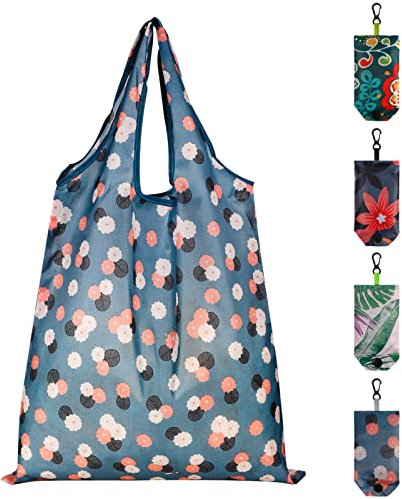 QINREN 4pcs Reusable, Foldable,Washable Grocery Bags Foldable in a Pouch Eco Tote Shopping Bag Groceries Tote Bags for Daily Shopping Loading